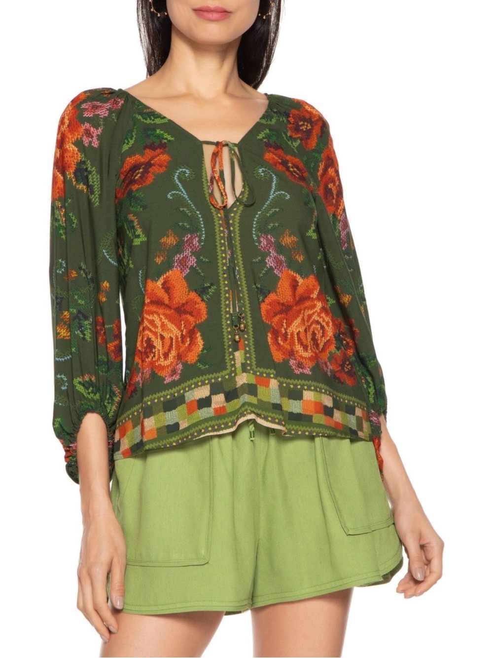 Farm Rio - Vibrant Contrast Floral Print Deep V Neck 3/4 Sleeve Blouse Size XS-M